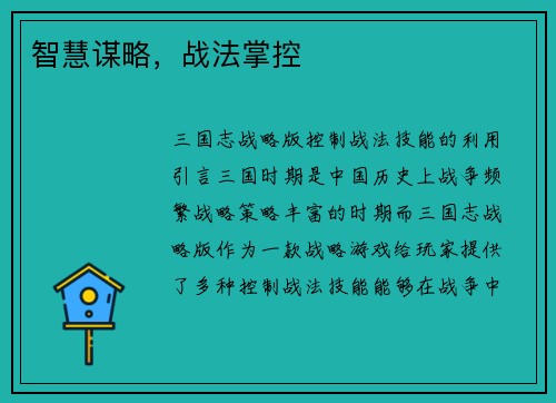 智慧谋略，战法掌控
